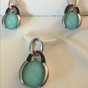 TURQUOISE QUARTZ BLACK DIAMONDS EARRINGS & PENDANT